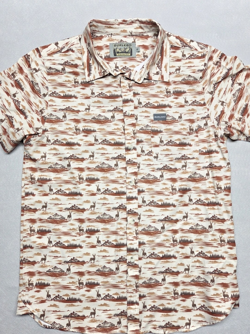 BURLEBO Men's Button Up Shirt M Cream Brown Scenic Print Short Sleeve